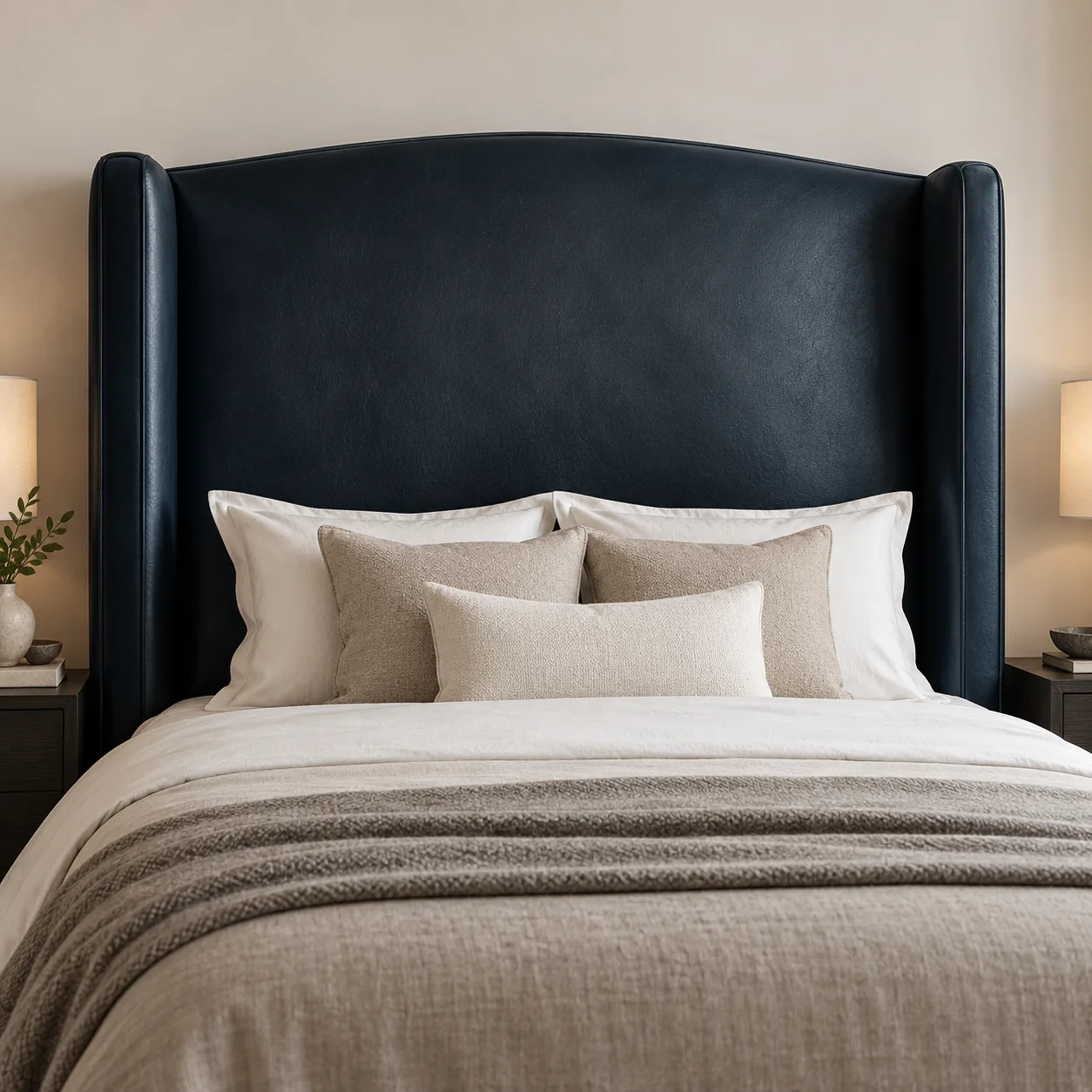 Navy leather wingback headboard with a plain untufted face