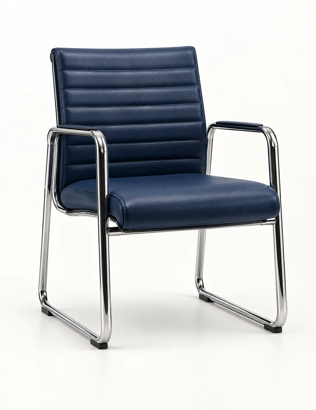 Navy ribbed leather guest chair on a chrome cantilever frame