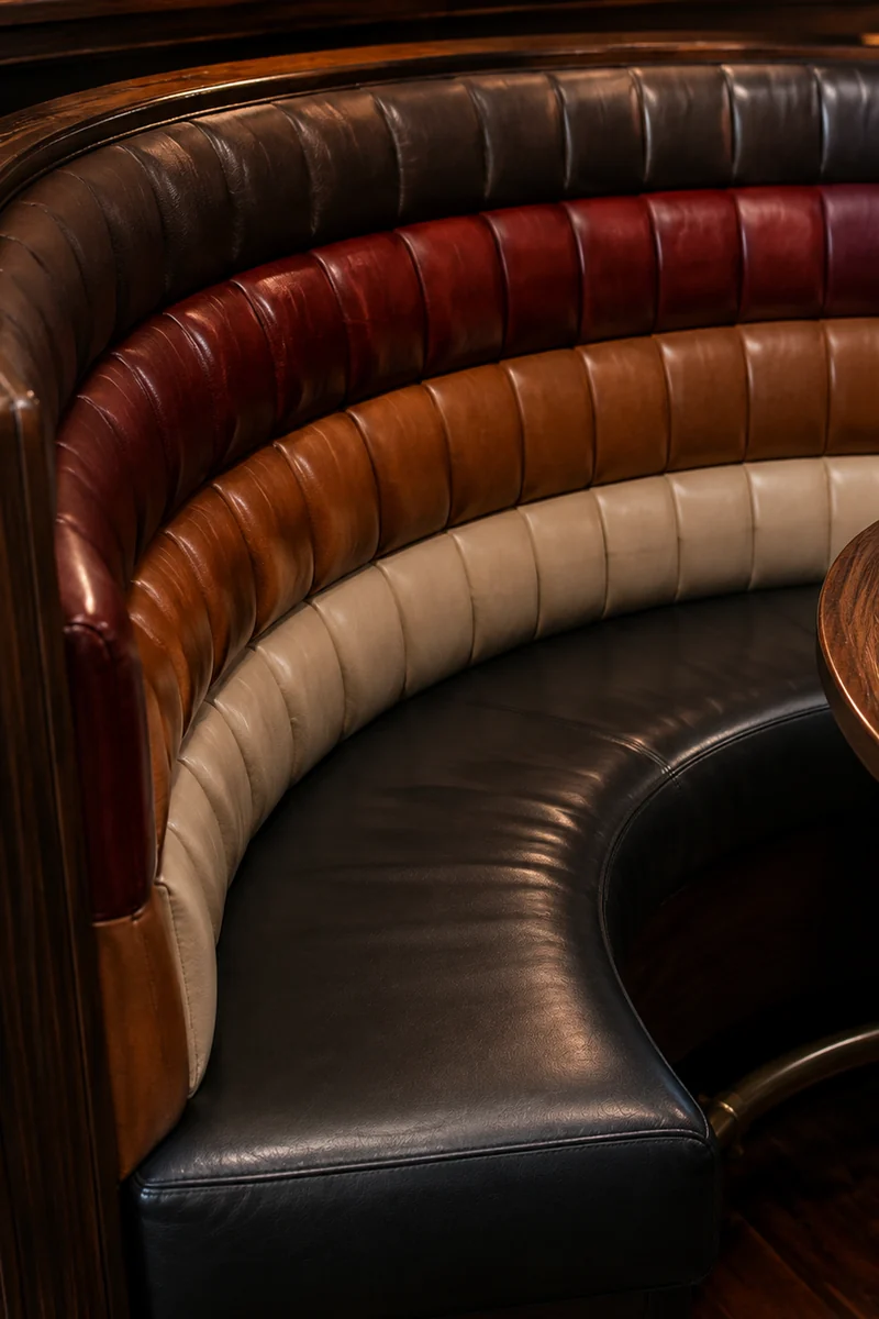 The same club booth refinished in bands of cream, rust and dark brown