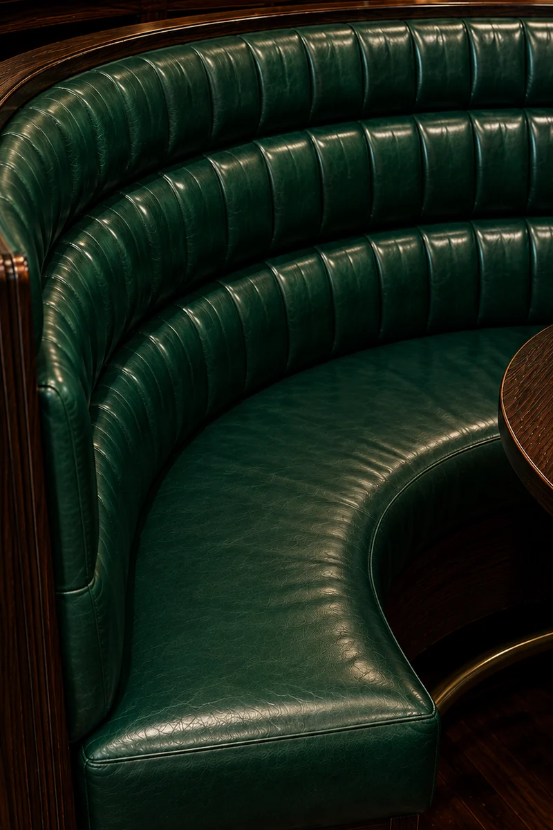 The same club booth refinished in forest green