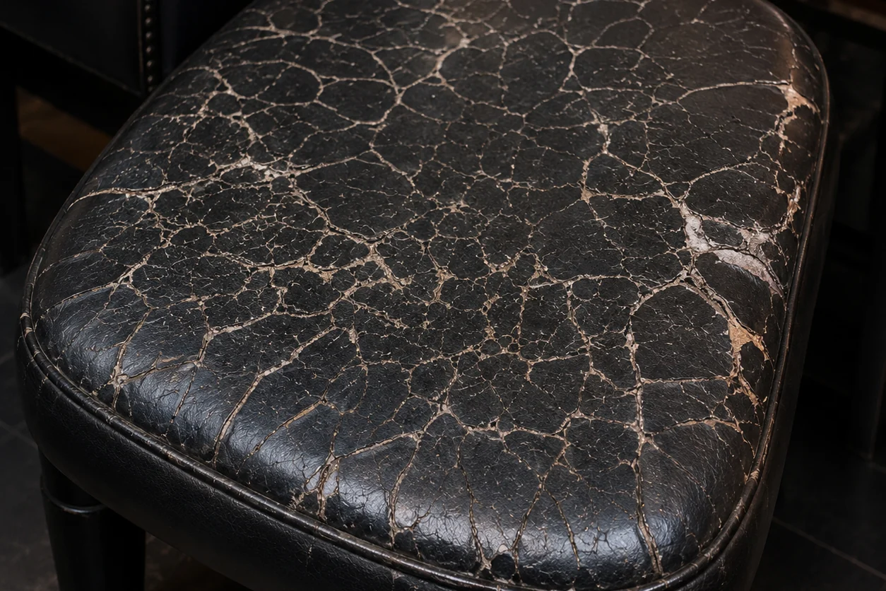 Nightclub furniture restoration NYC: black leather club seat with the topcoat crazed into a network of fine cracks