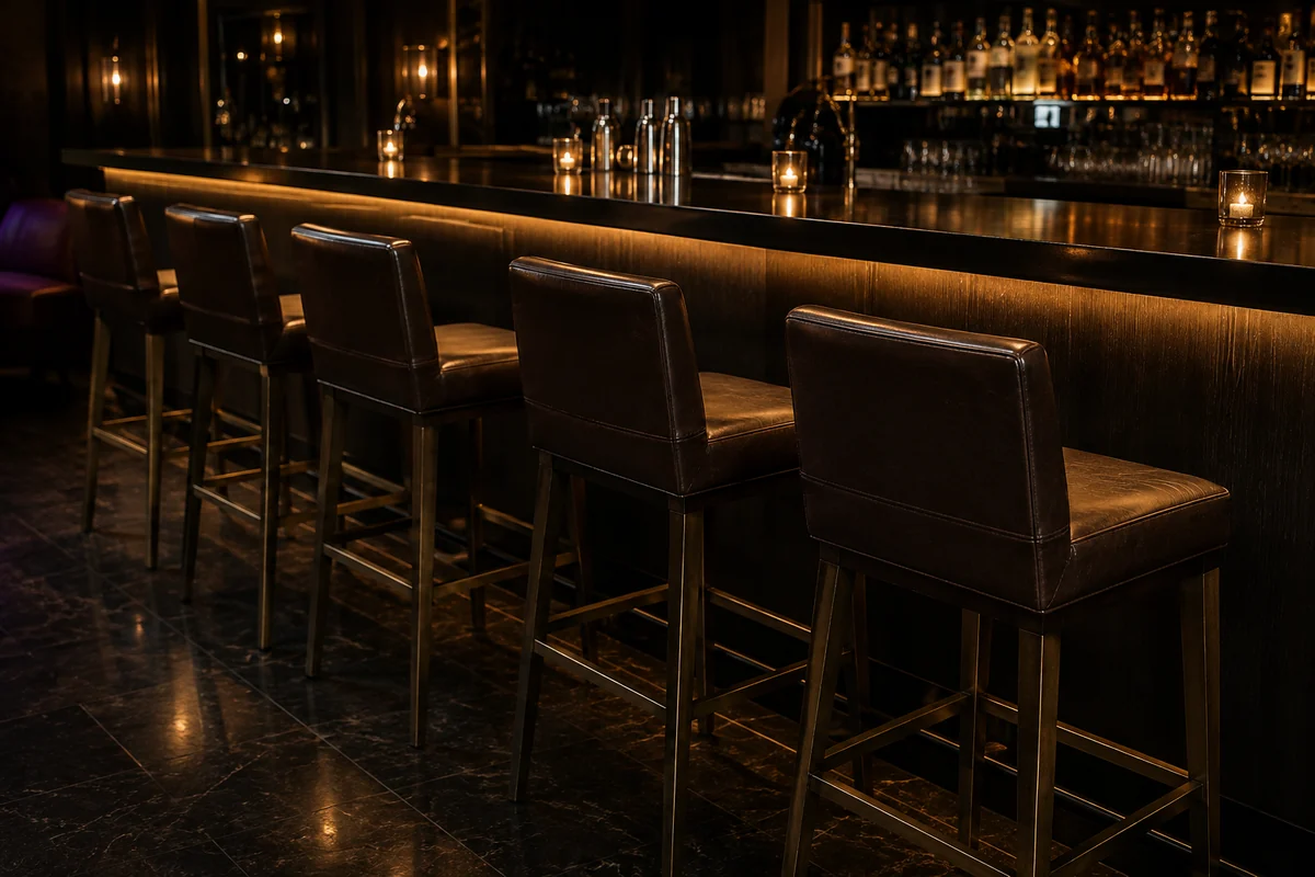 Row of upholstered bar stools along a lit back bar in a nightclub