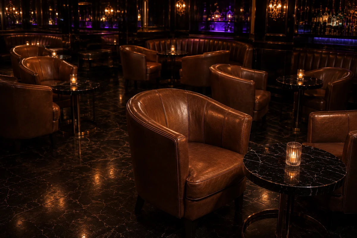 Tan leather tub chairs around low tables in a dimly lit club lounge