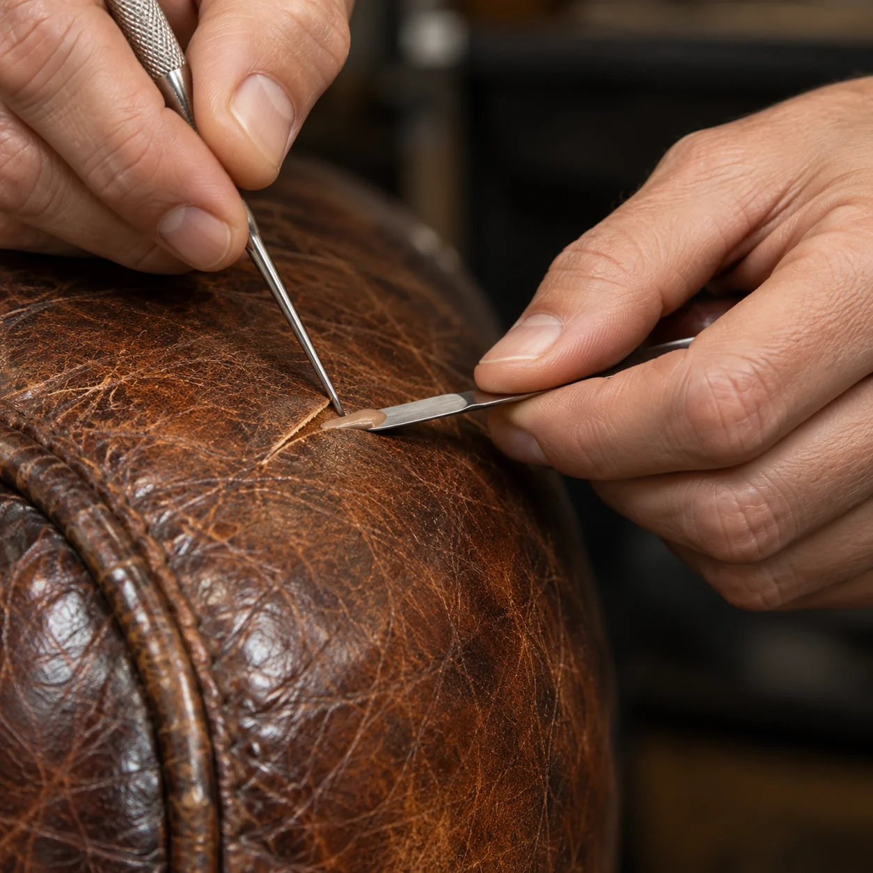 Needle and small spatula working at a split in an antique leather arm