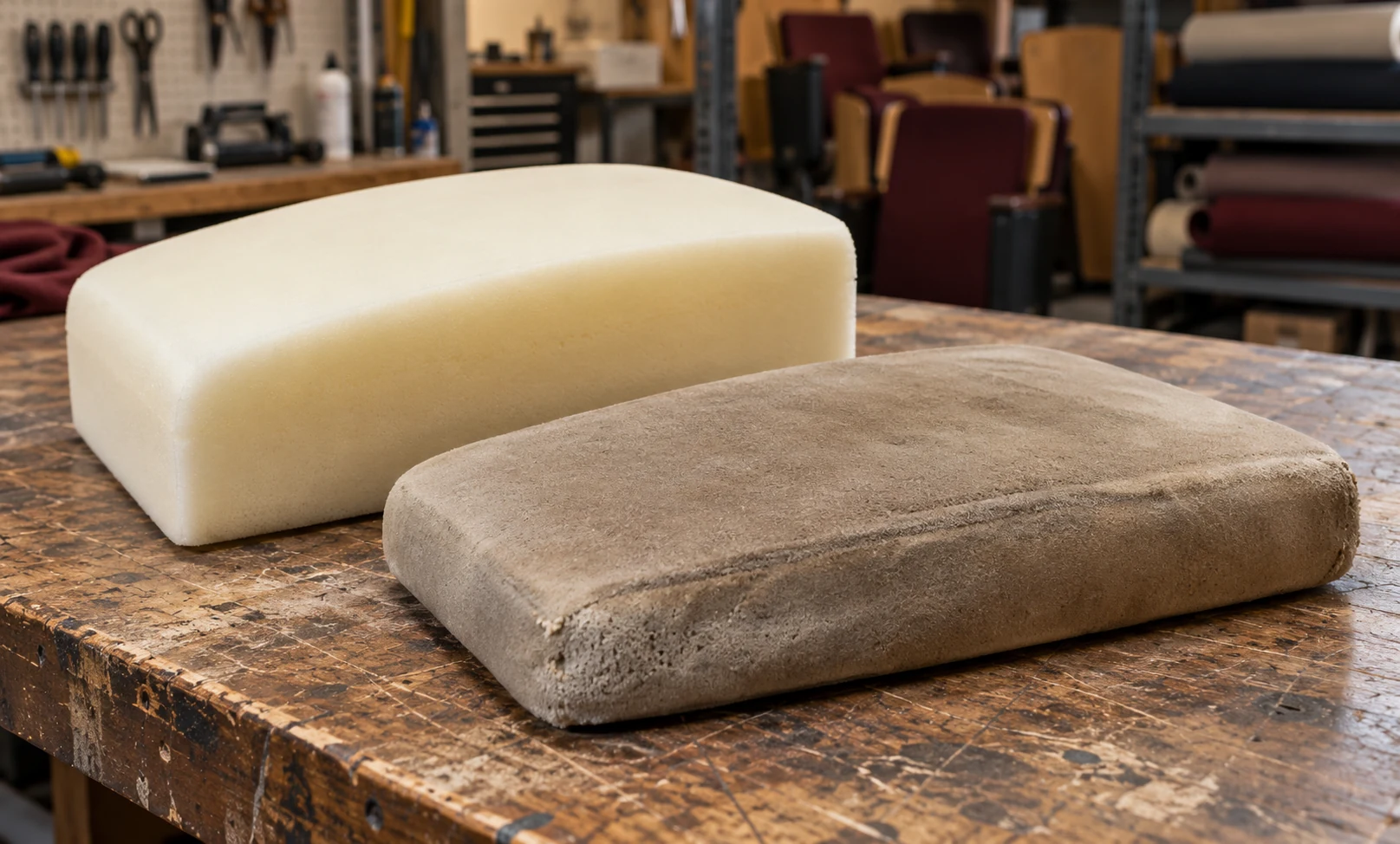 New foam block next to a compressed one taken from a theater seat