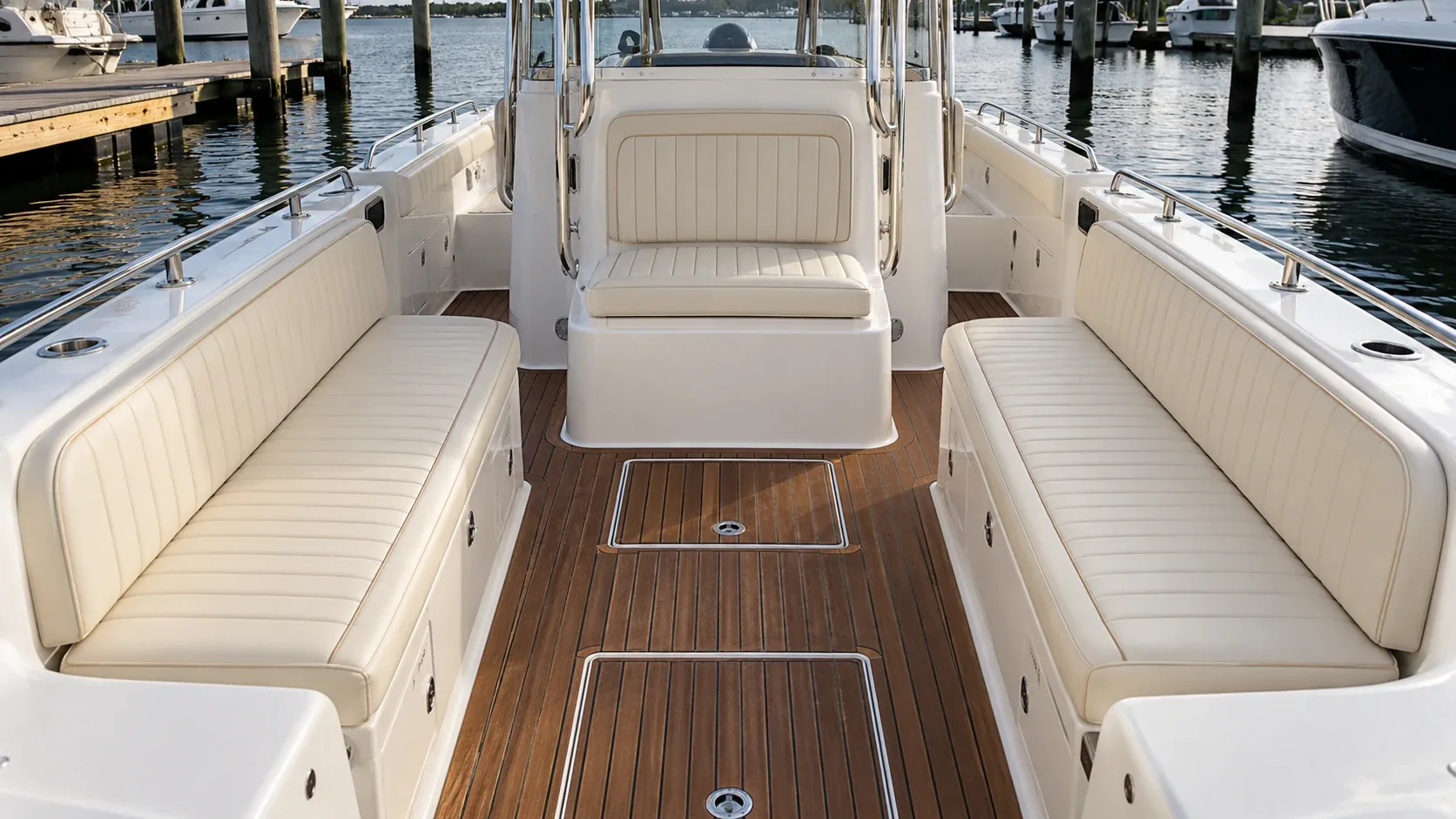 New cushions fitted along both sides of a boat cockpit