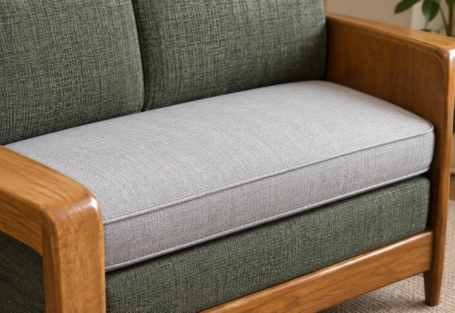 New grey drop-in seat pad in a green wood-framed settee, back cushions unchanged