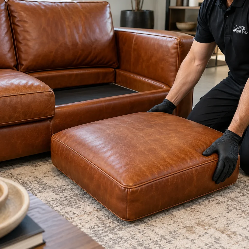 Technician setting a new leather seat cushion into a sofa