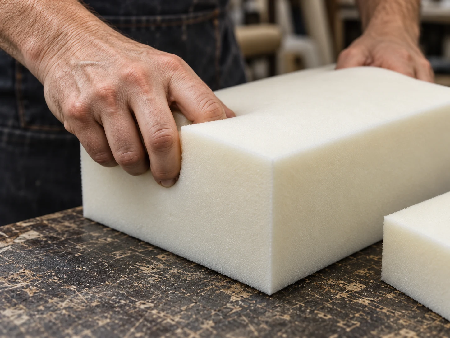 Upholsterer handling a new block of seat foam on a workshop bench