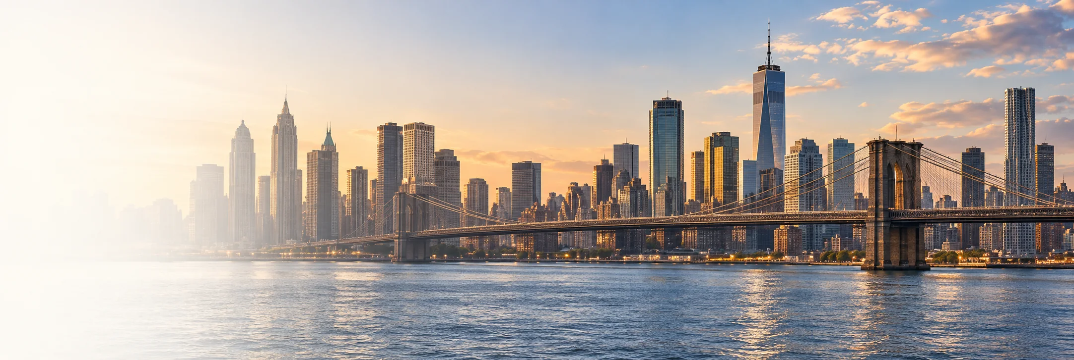 Lower Manhattan skyline and the Brooklyn Bridge seen across the East River