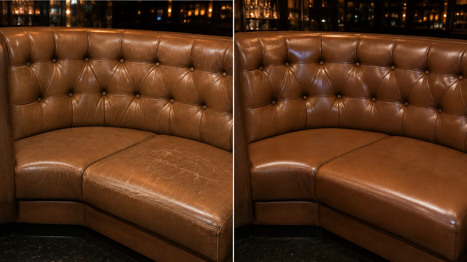 A cognac tufted nightclub booth before and after reupholstery