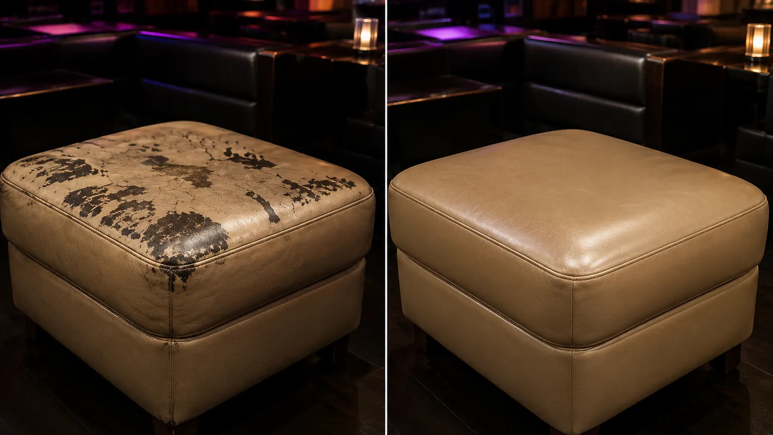 A cream leather nightclub ottoman before and after reupholstery