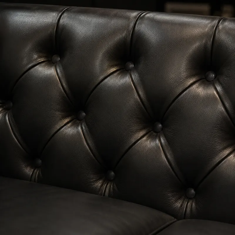 Deep button tufting on a black leather nightclub booth back