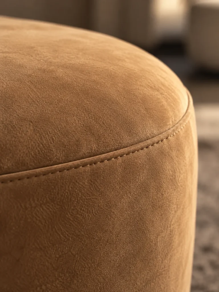 Close-up of a tan nubuck leather ottoman