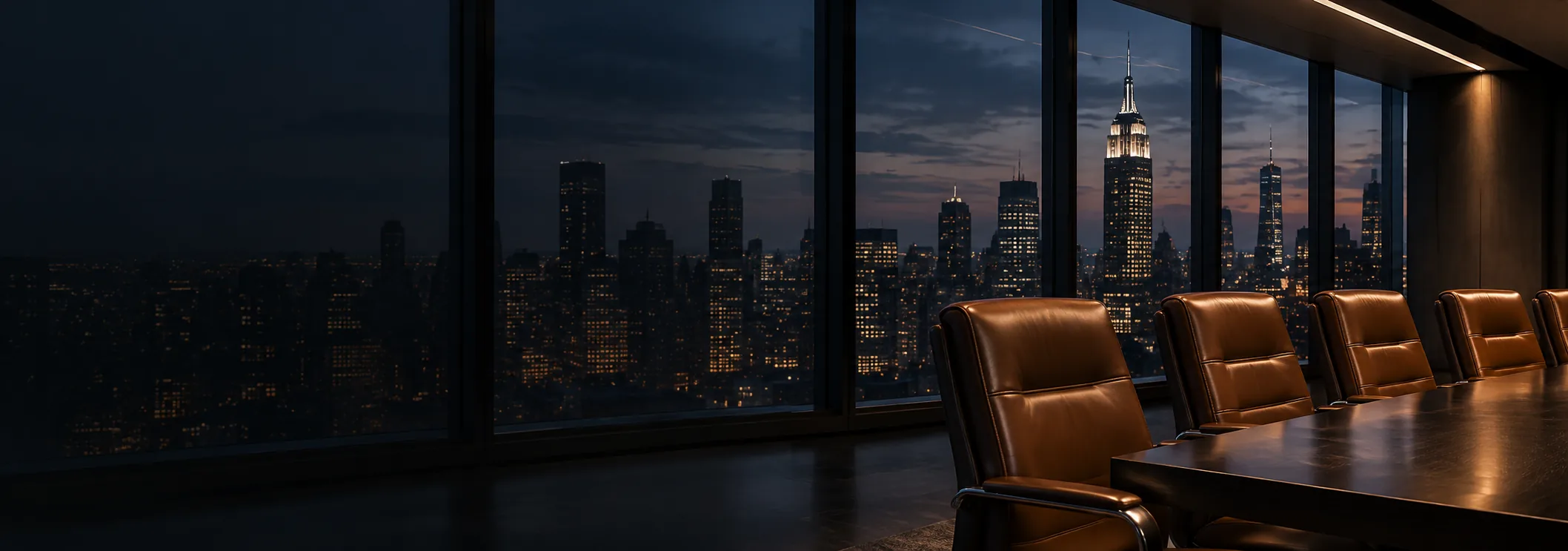 An NYC boardroom at night with restored leather conference chairs along the table