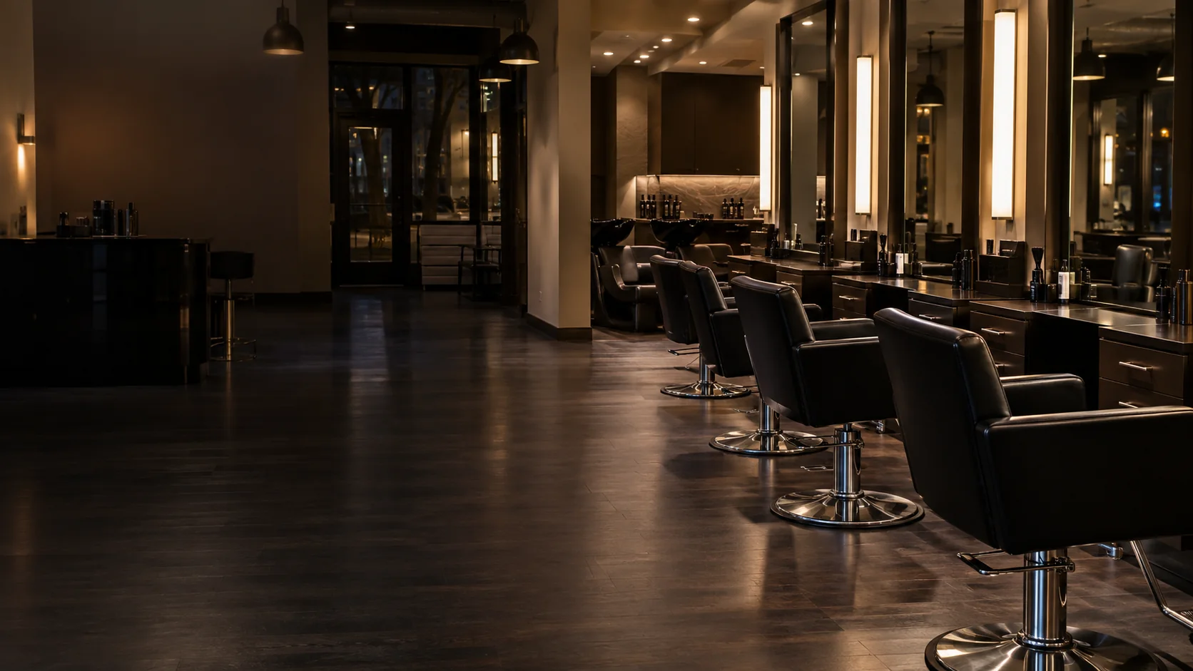 A salon floor of styling stations after closing
