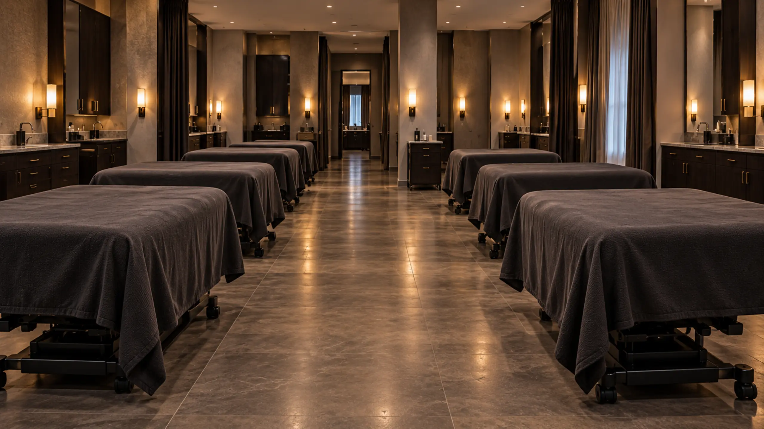 A row of spa treatment rooms after hours, each table dressed in dark linen