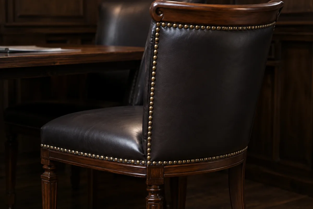 Dark brown leather dining chair with nailhead trim beside a table