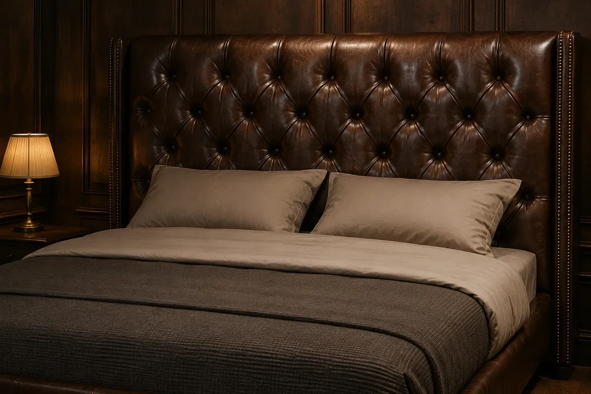 Tall buttoned brown leather bed headboard above a made bed