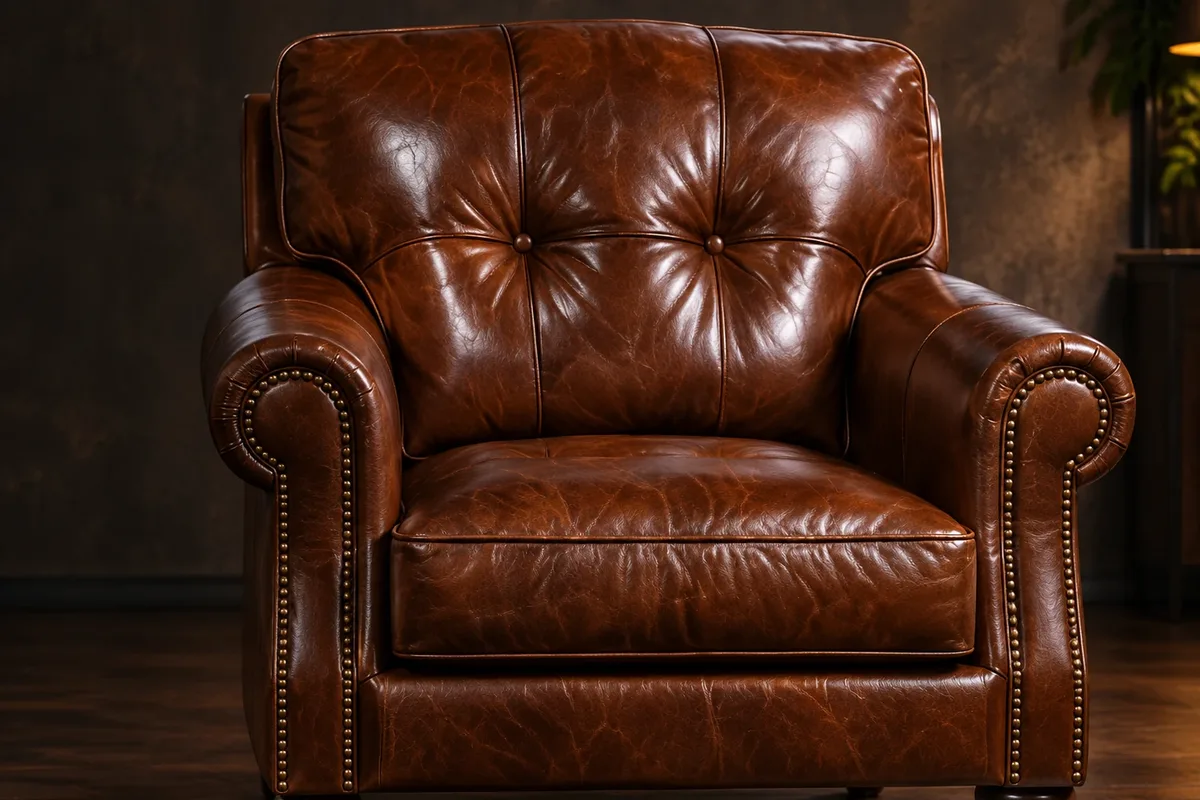 Brown buttoned leather club armchair with rolled arms