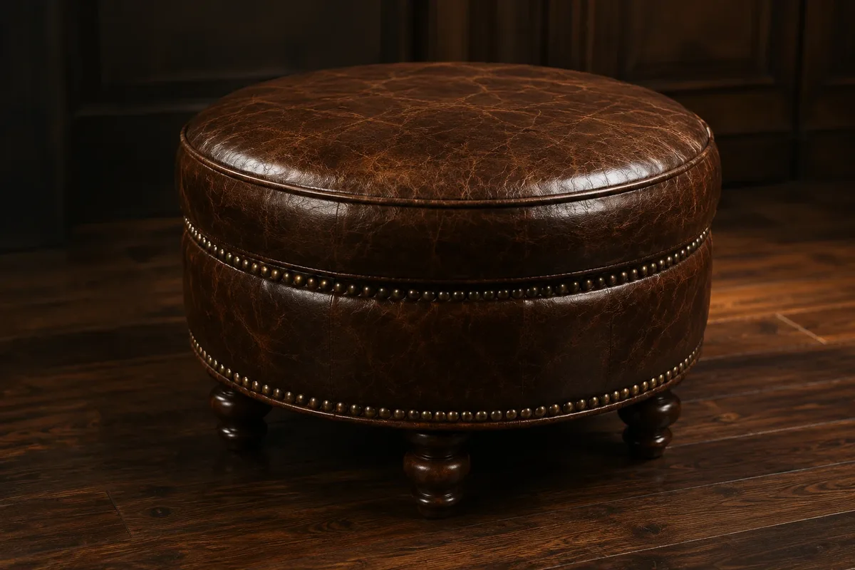Round brown leather ottoman with stud trim on short turned feet