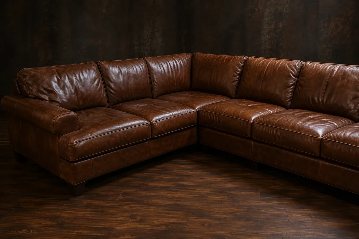 Brown leather corner sectional sofa seen from inside the corner