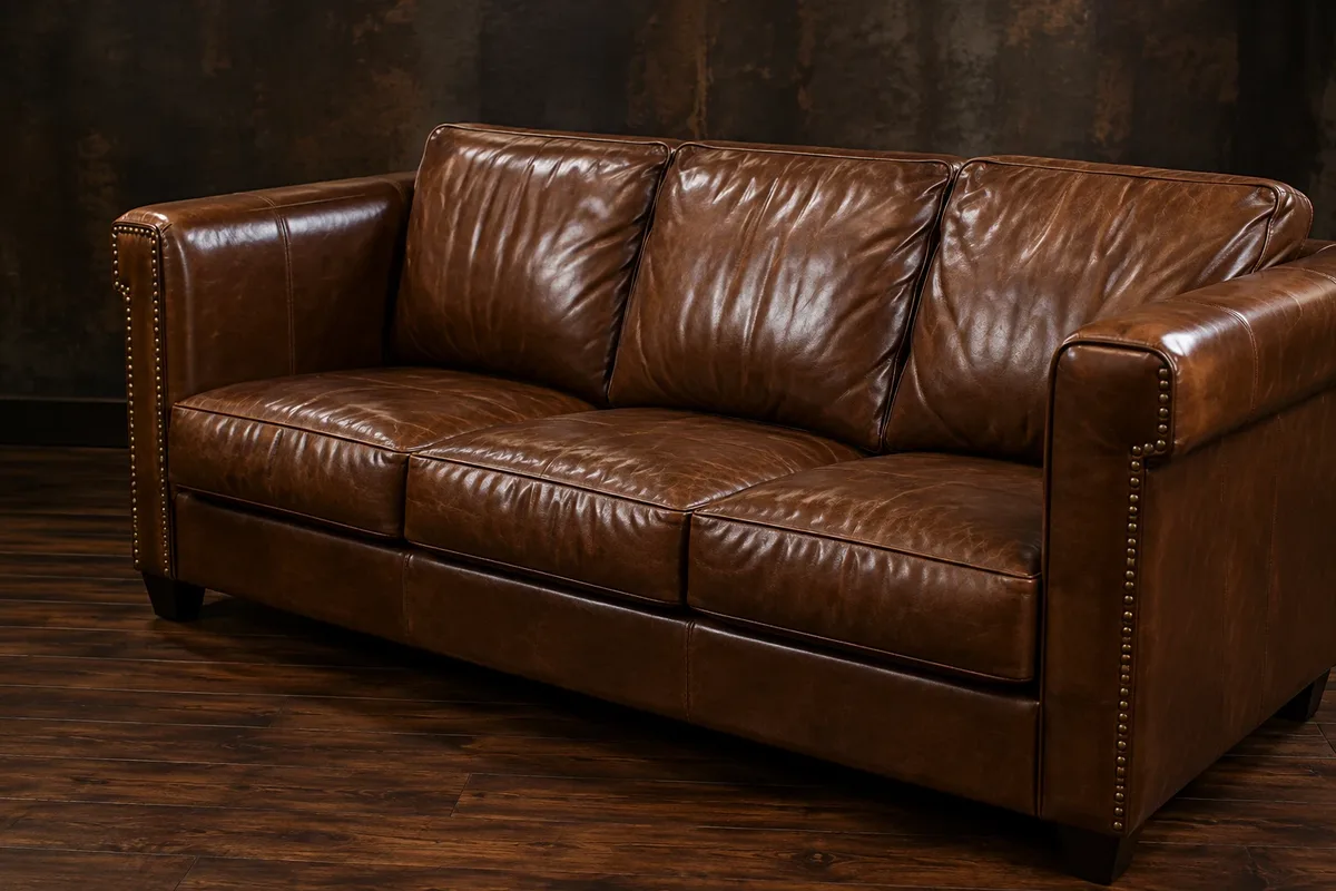 Mid-brown three-seat leather sofa shot straight on in a dark panelled room
