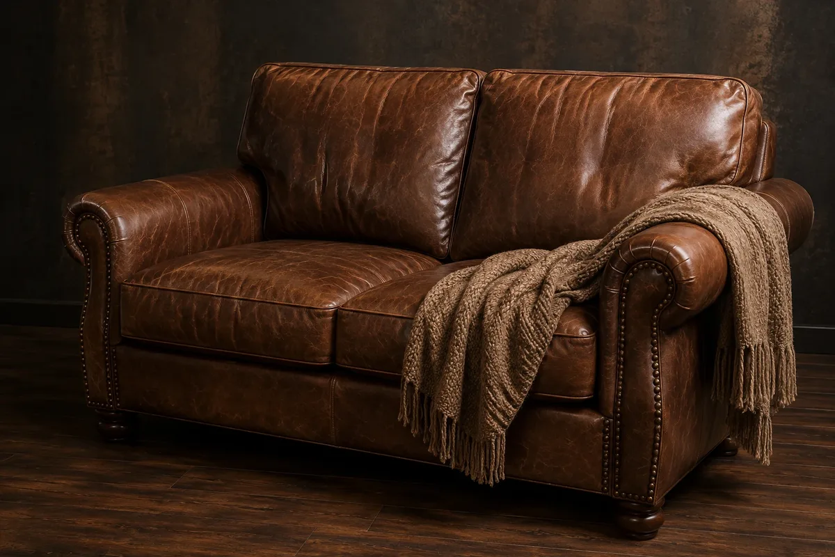 Two-seat brown leather loveseat with a throw draped over one arm