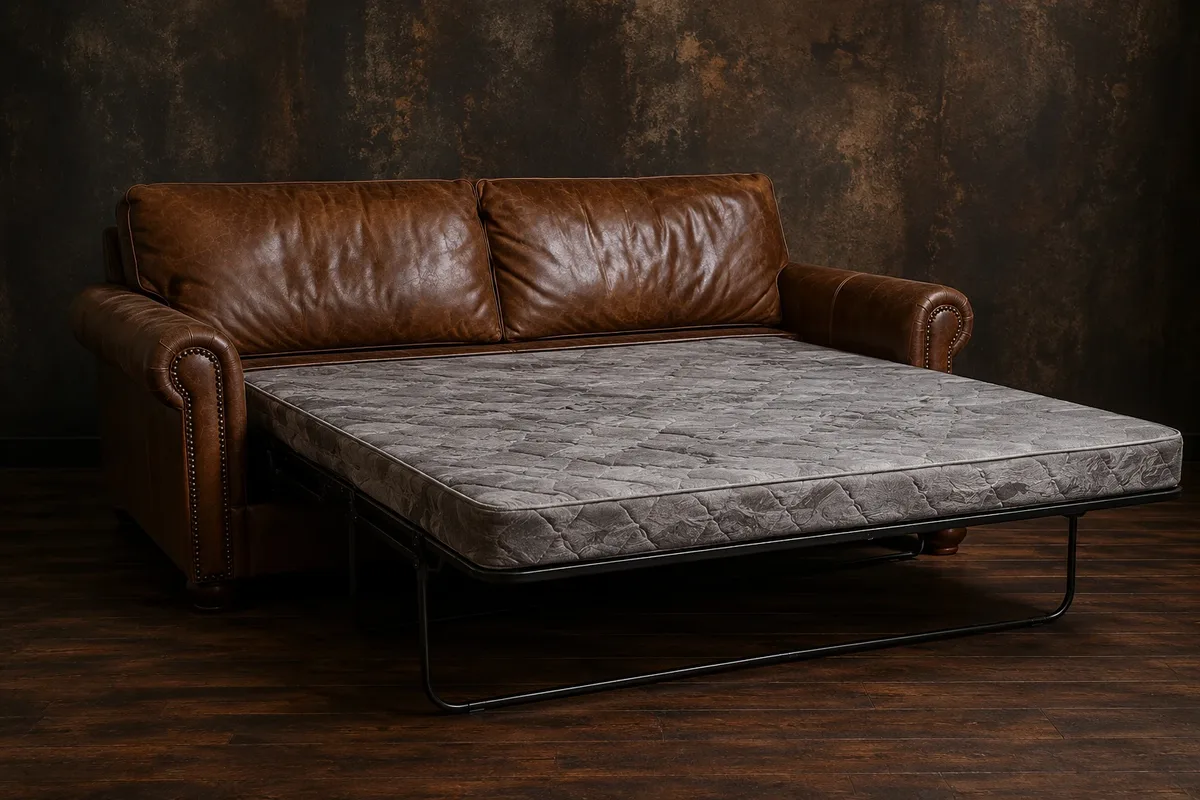 Brown leather sofa bed opened out flat with its pale mattress showing