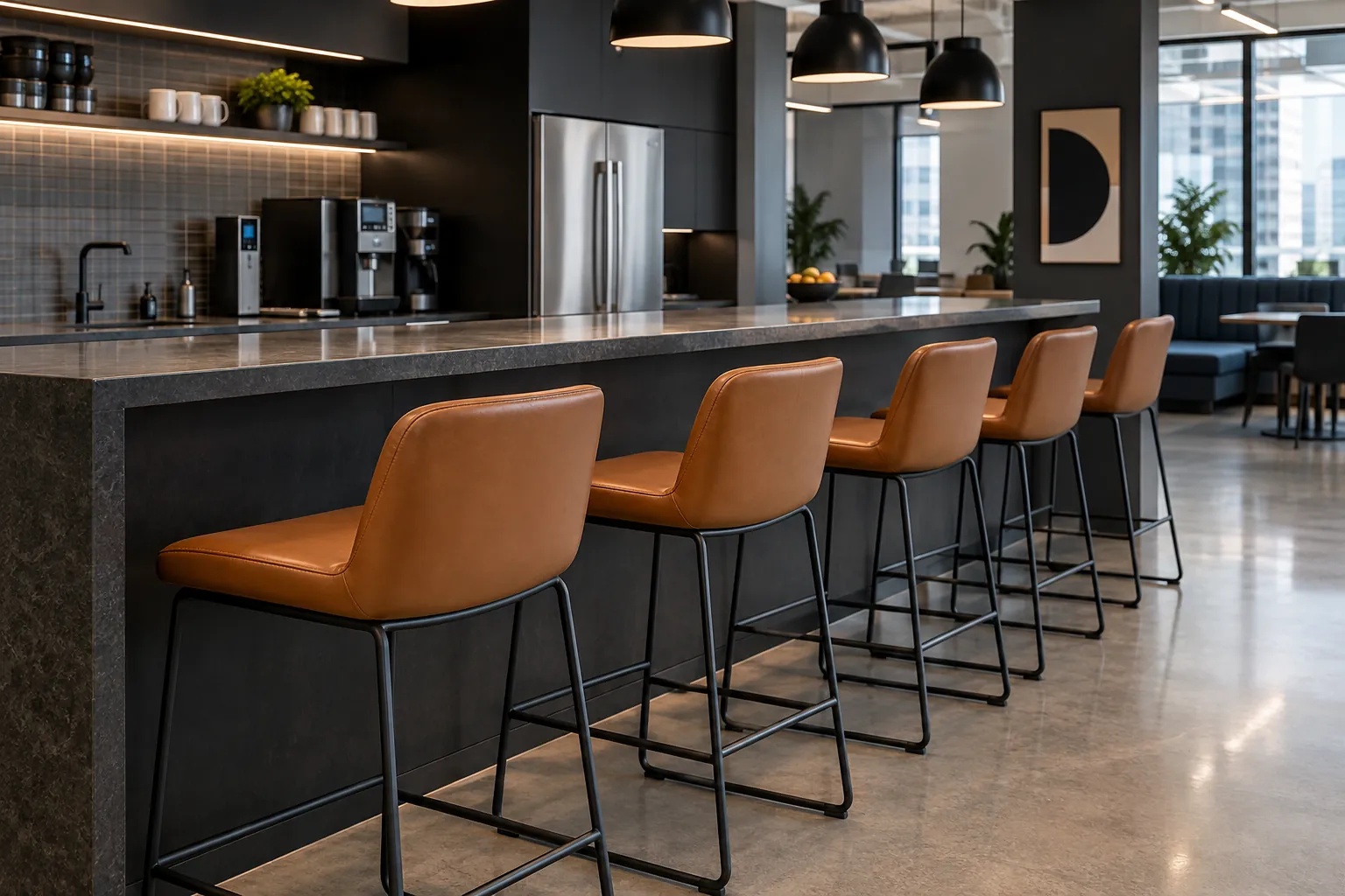 Cognac bar stools at an office cafe counter