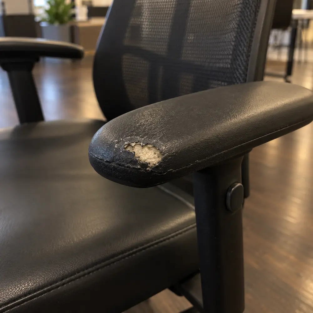 Worn-through arm cap on an office chair