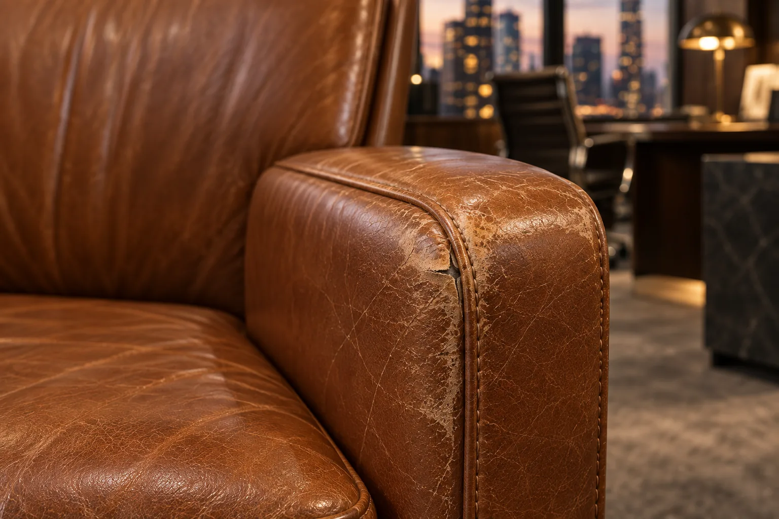 A worn and scratched office chair arm