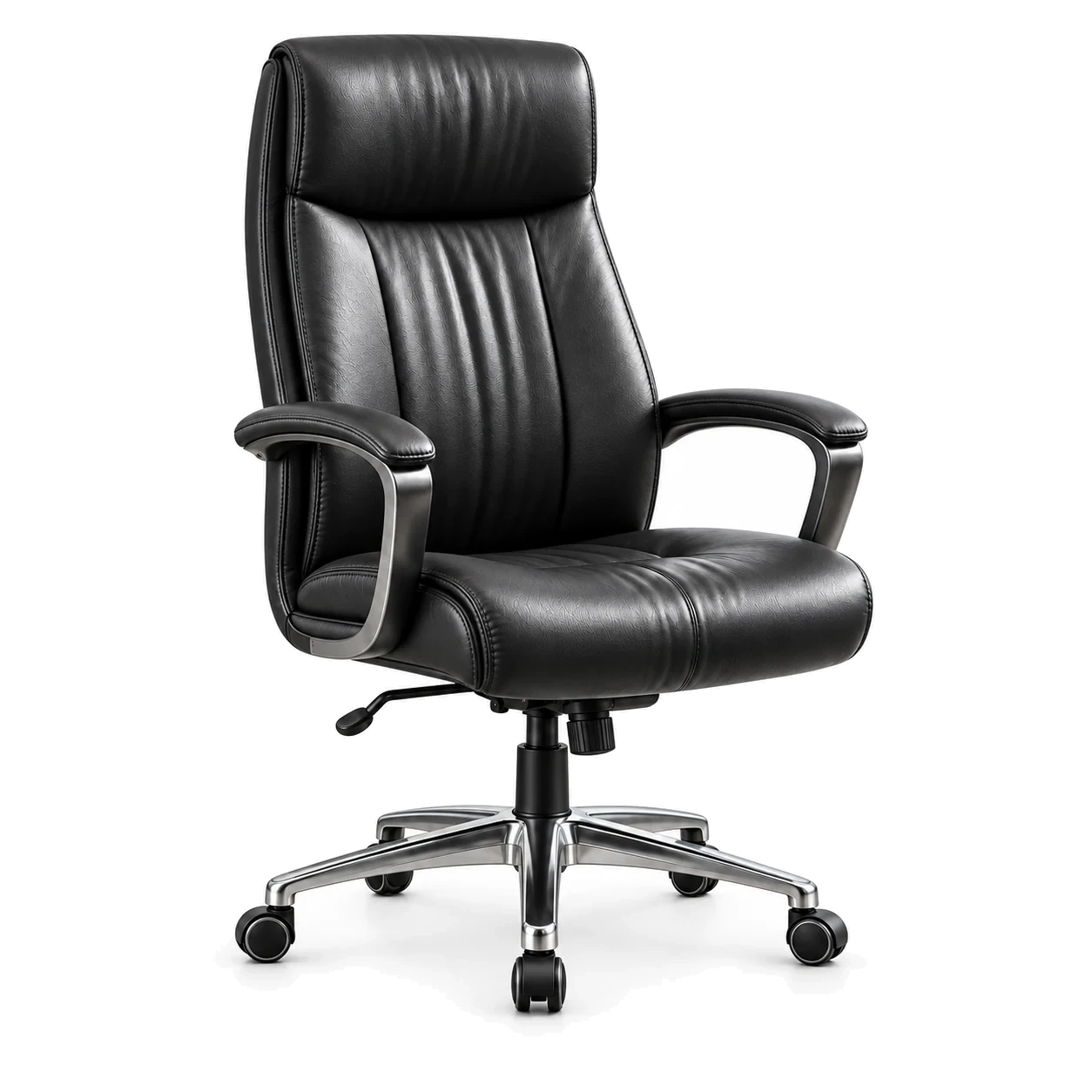 Black leather executive office chair with a high back and a polished chrome base