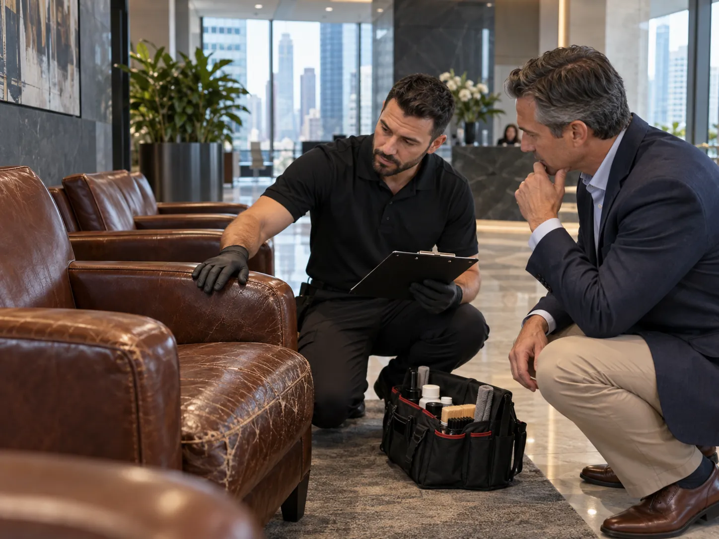 A technician reviews leather chairs with a facility manager