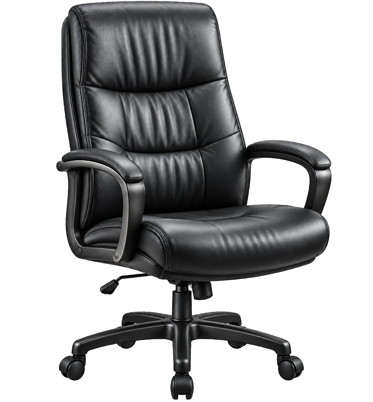 Black leather high-back office chair shown for spot repair work