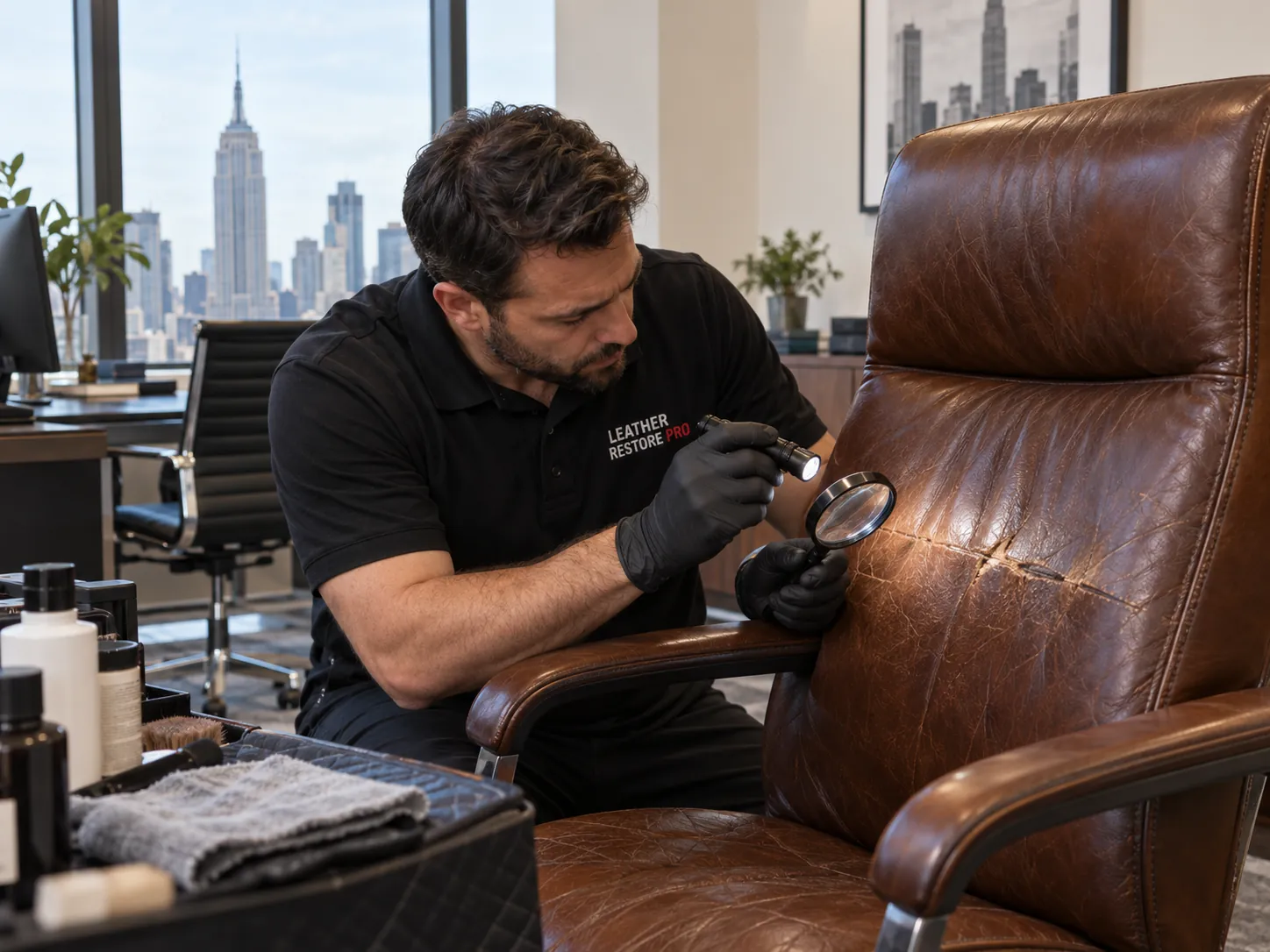 A technician inspects a leather office chair with a magnifier
