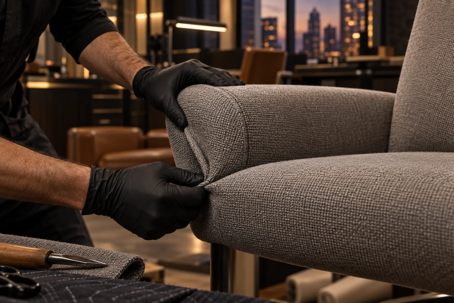 Gloved hands fit new gray upholstery fabric over an office chair arm