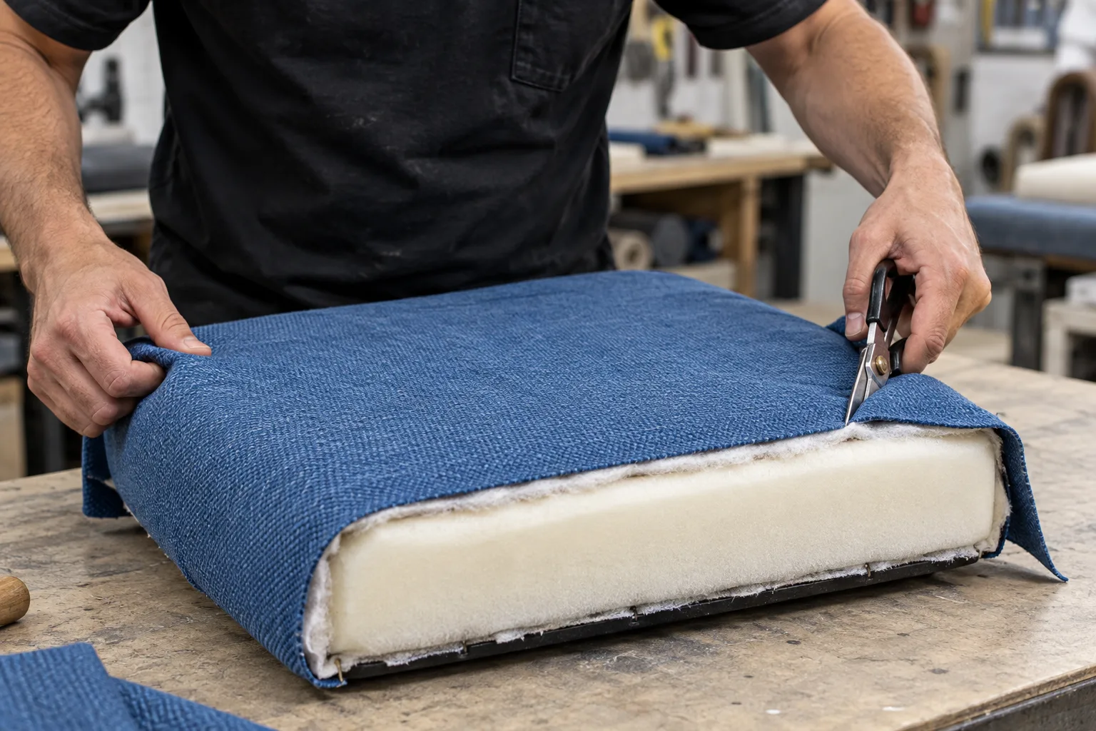 Office chair seat being recovered in blue fabric