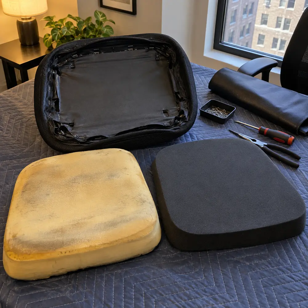 Old yellowed foam beside new foam