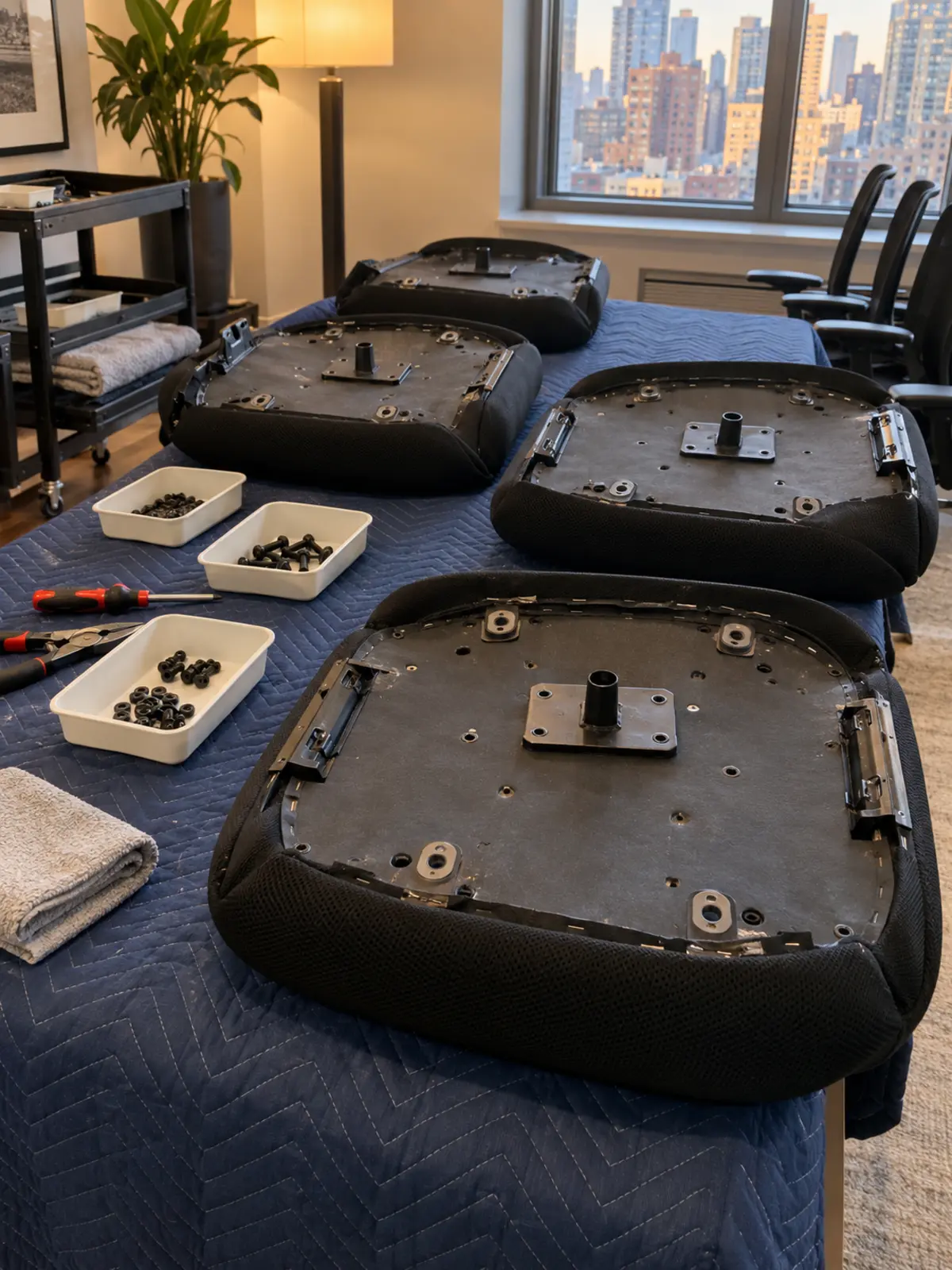 Office chair seat pads removed on a prep table