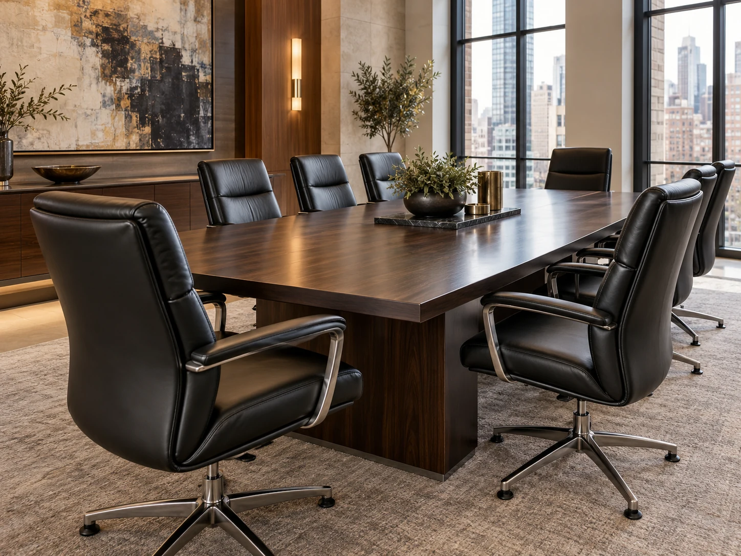 Boardroom of black leather office chairs around a dark wood table