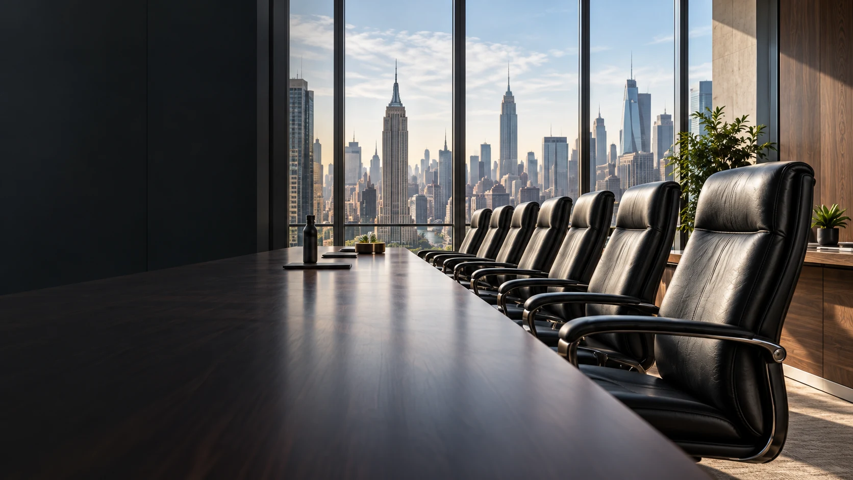 Boardroom lined with black leather office chairs along a dark wood table above the Manhattan skyline