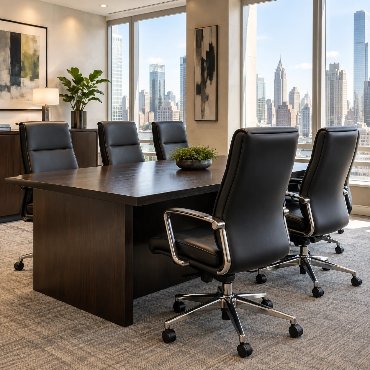 Black leather boardroom chairs against a full window wall