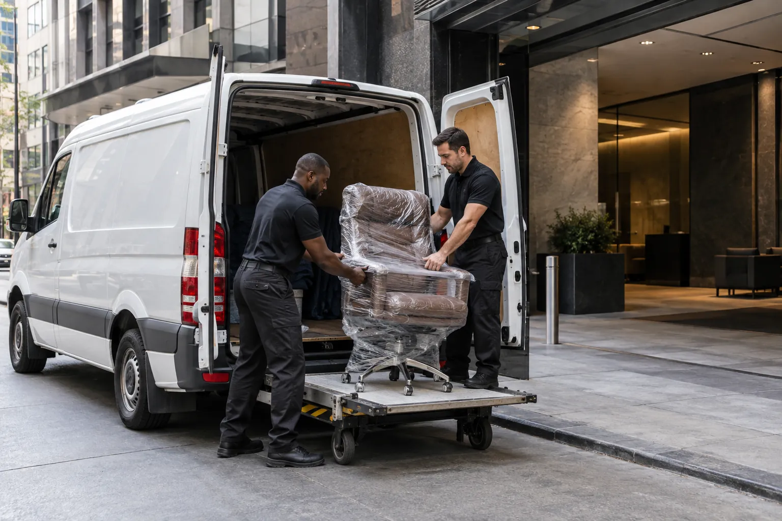 Wrapped office chairs loaded into a Leather Restore PRO van