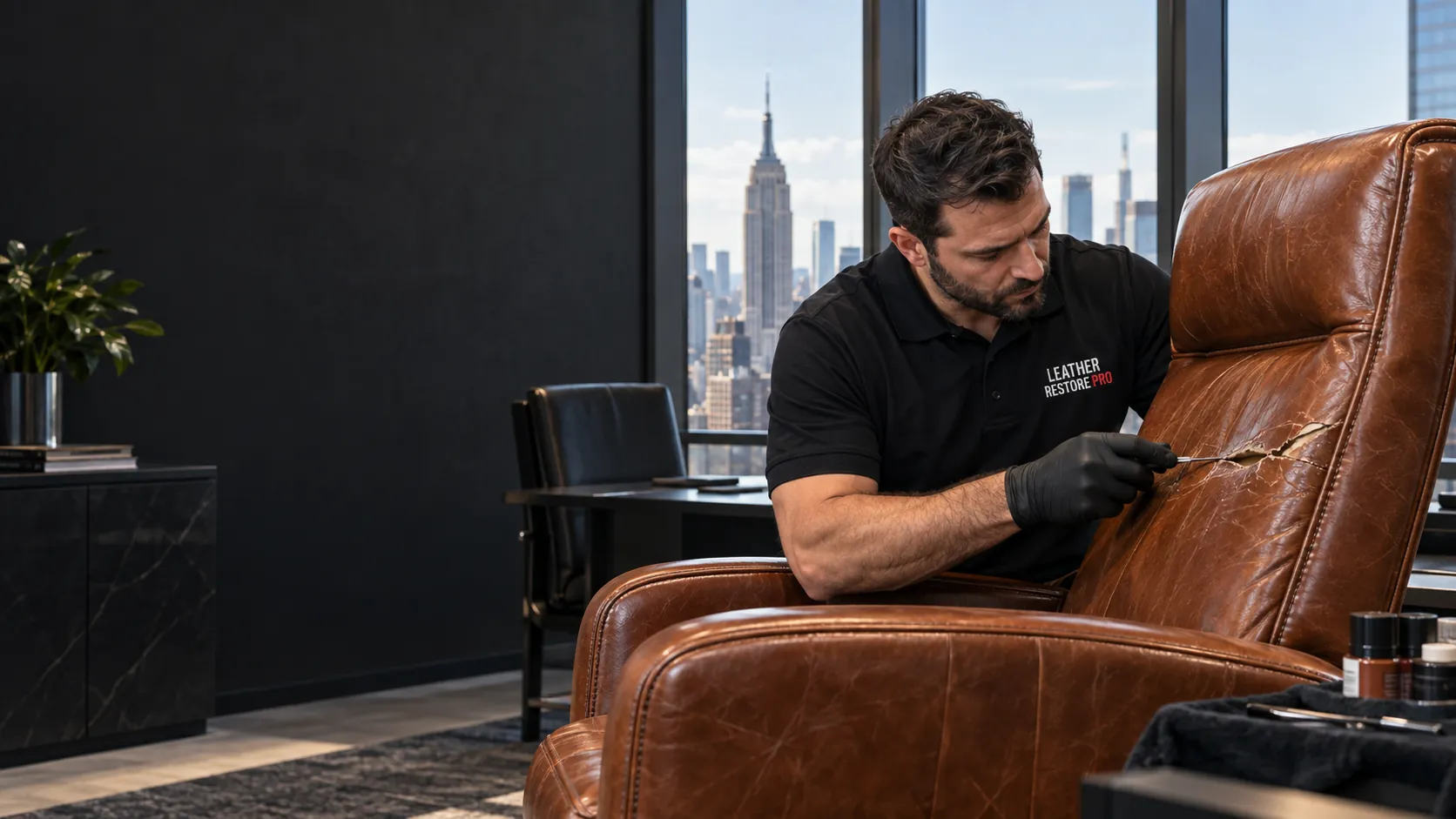 A technician working on a leather chair on site