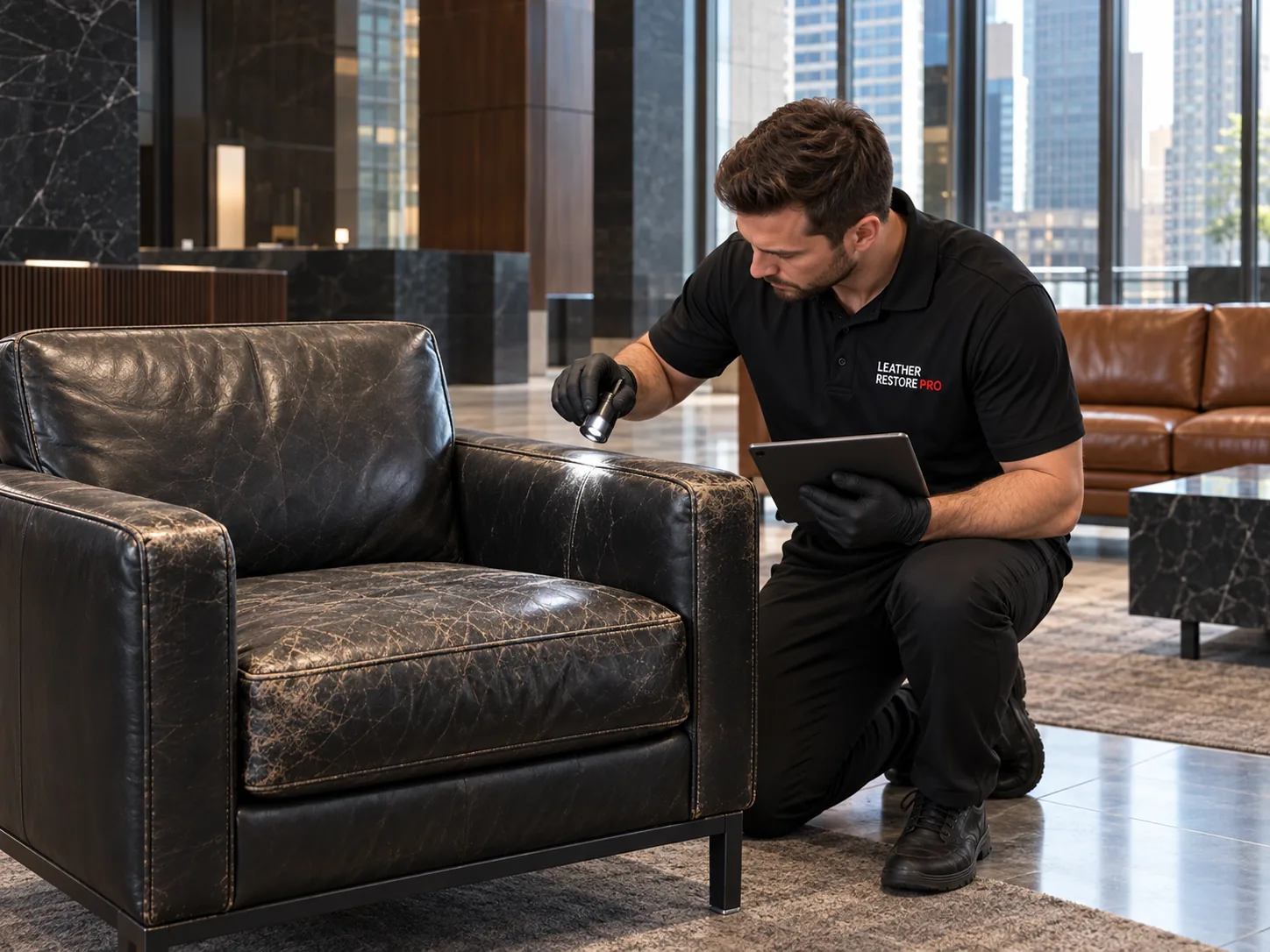 A technician inspects a black leather lobby chair with a flashlight