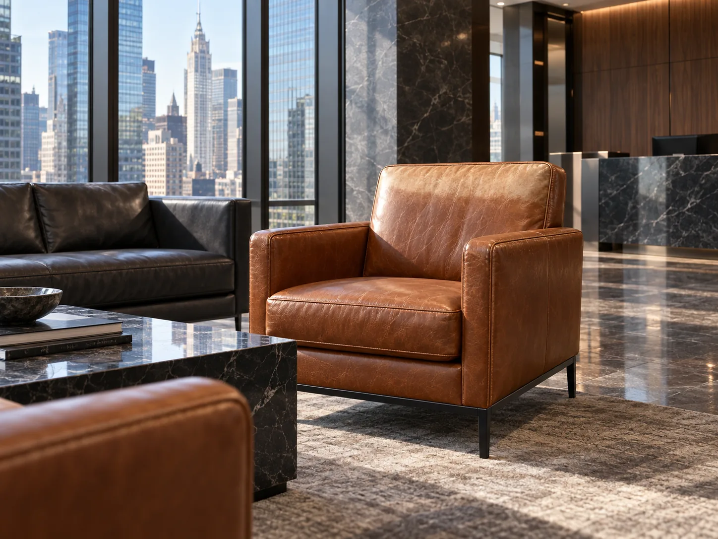Lounge seating in an office lobby with sun-faded leather