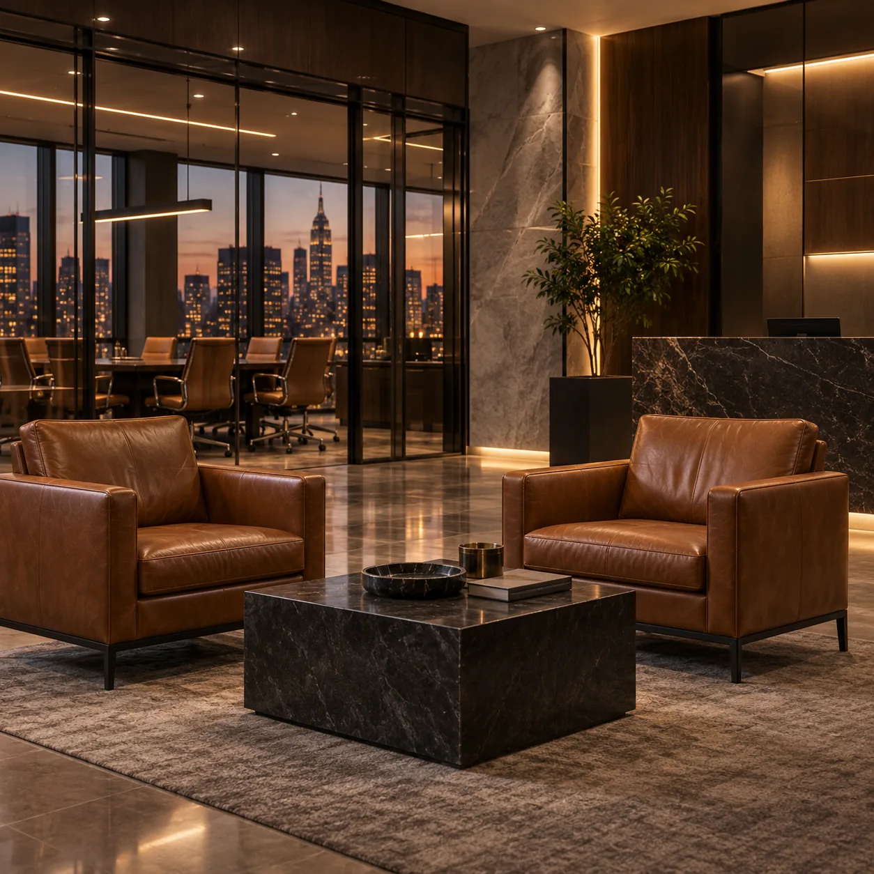 Leather lounge chairs in an office reception