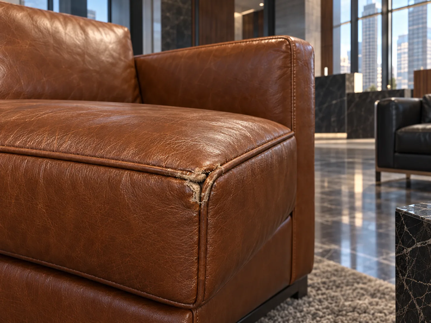Torn welt piping at the corner of a leather lobby seat cushion
