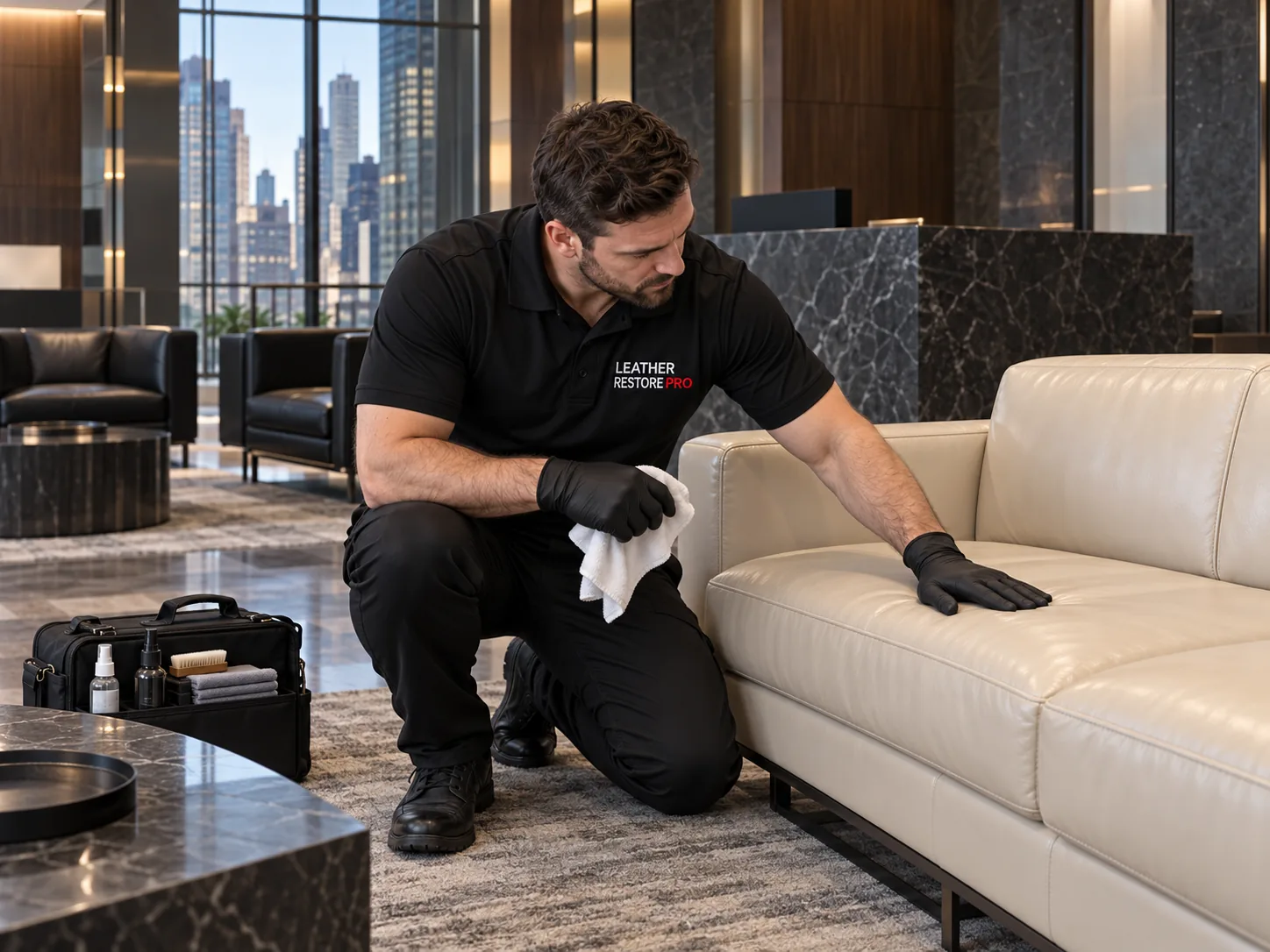 A technician gives a cream leather lobby sofa a final inspection